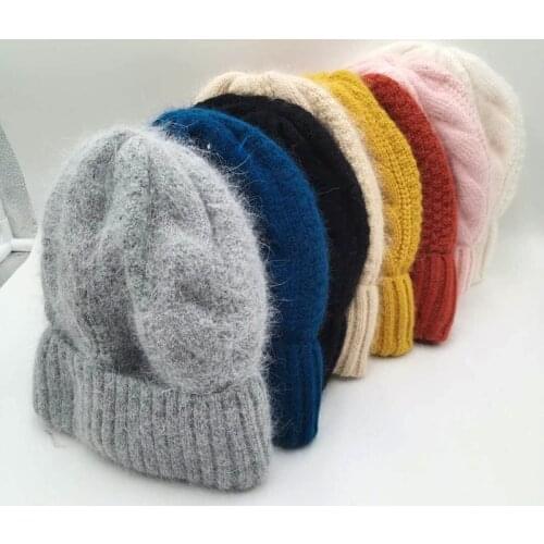 Women knitted Winter Hat female Warm Rabbit fluff beanie Girl Solid Bonnet femme Skullies beanies Soft Hats Womens Winter Caps