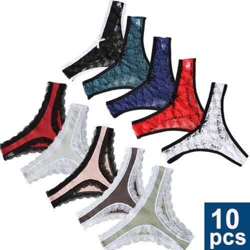10PCS/Set G-string Panties Women Lace Underwear Sexy Female Underpants Comfortable Thong Solid Color Pantys Low Waist Lingerie