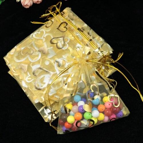 100pcs 9x12cm Drawable Organza Bags Heart Gold color Wedding Christmas Gift Bag Jewelry Packaging Bags Pouches