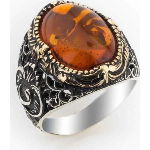 925 sterling Silver Amber Gemstone Vav Detailed Ring