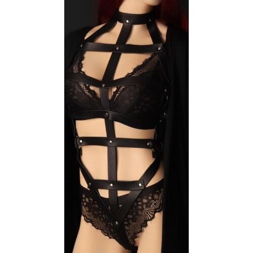 Bdsm Sexy Leather Underwear Set Women Full Body Bondage Harness Bra Cross Suspenders Grid Lingerie Stockings Garter Belt Fetish
