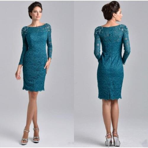 Teal Blue Lace 2020 Mother Of the Bride Dresses Knee Length Long Sleeve Shoulder Beaded Groom Mother Dress For Wedding Arabic