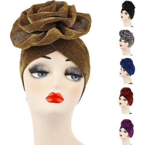Glitter Muslim Women Turban India Cap Big Flower Headwrap Hats Chemo Cover Hair Loss Hat Bonnet Beanies Skullies Ramadan Fashion