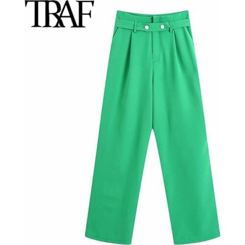 TRAF Women Fashion With Buttoned Side Pockets Wide Leg Pants Vintage High Waist Zipper Fly Female Trousers Mujer