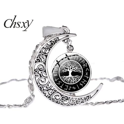 CHSXY Tree Of Life Yggdrasil With Triquetra Symbols Moon Necklaces Art Glass Photo Pendant Choker Collar Accessories For Women