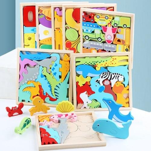Baby Montessori Toys Wooden 3D Puzzle Cartoon Vehicle Digital Animal Puzzles Jigsaw Board Learning Educational Toy For Children