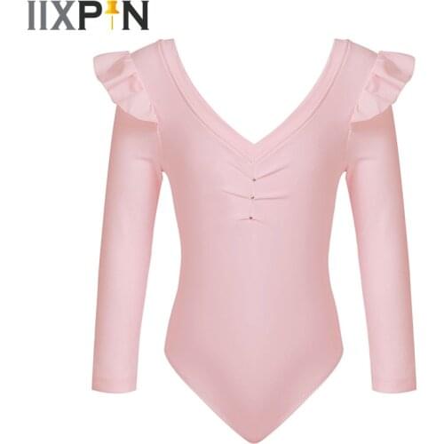 Girls Ballet Leotards Kids Dancewear Pure Color V Neck Ruffle Long Sleeve Dance Gymnastics Leotard Ballerina Party Costumes