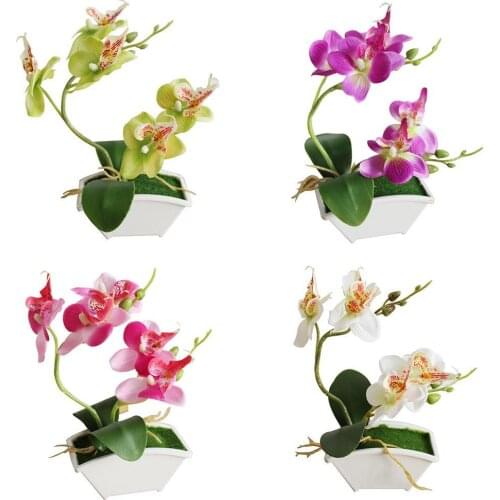 Double Forks Artificial Butterfly Orchid Flower Phalaenopsis Home Office Decor with Flowerpot