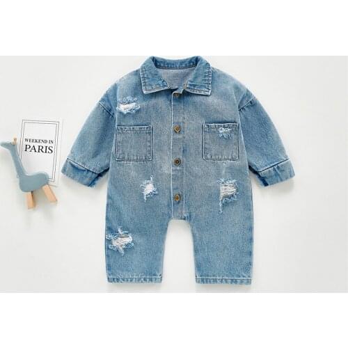 Infant Newborn Baby Girls Boys Long Sleeve Denim Romper Ripped Solid Jumpsuits Spring Autumn Outfits Jeans