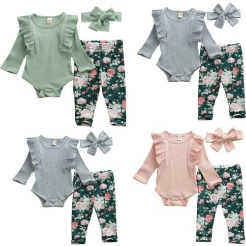 Infant Baby Girls Christmas Clothes Long Sleeve Solid Romper Playsuit Tops +Long Flower Pants Leggings+Headband 3PCS Outfit Set