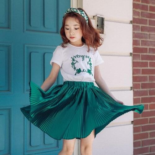 Big Girls Clothing Set Summer Printed White T Shirts Tops Pleated Green Skirt Suits 2 Pieces Kids Clothes Baby Clothing Set