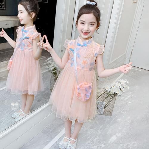 Girls Summer Dress 2021 New Childrens Elegant Western Style Cheongsam Cute Princess Dress Embroidery Net Yarn Vintage Dress 12T