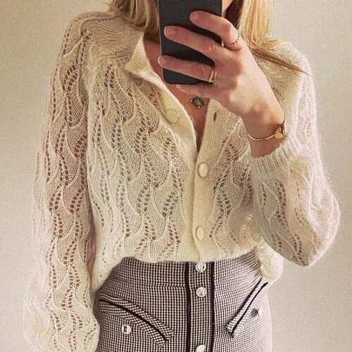 Mohair Knitwear Gilet 2021 Autumn Woman Long Sleeve Round Neck Elegant Cardigan Ladies Winter Casual Chic Vintage Sweater Jumper