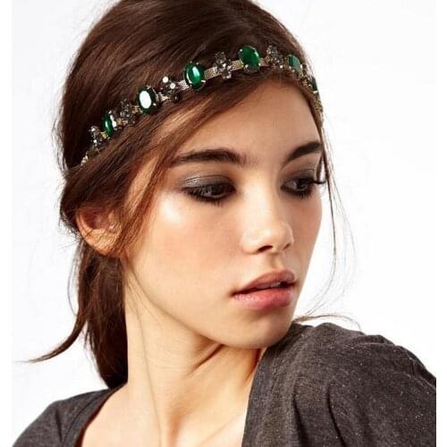 Indian Gold Headbands For Women Vintage Court Princess Green Stone Rhinestone Elastic Hair Bands Girls Oval Crystal Hair Wedding