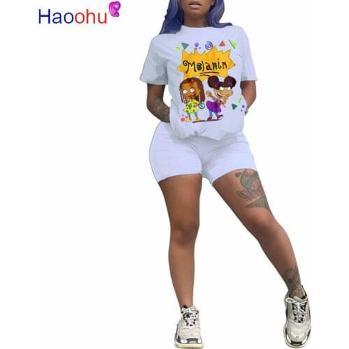 Sexy Sporty Two Piece Tracksuit Summer Clothes For Women Cartoon Character Letter Print Loose Top Fitness Short Legging Outfits