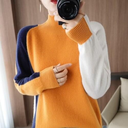 21 Autumn and winter half high neck 100% pure wool sweater womens full sleeves knitted loose comfortable cashmere sweater new