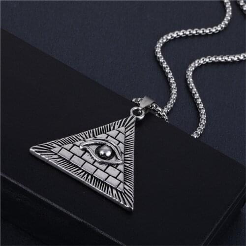 Yungqi Goth Egypt Pyramid All-Seeing Evil Eye Pendant Men Punk Necklace Egyptian Geometric Triangle Charm Steel Jewelry Collier