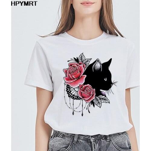 Woman Tshirt Kawaii Black Cat Print Short Sleeve T shirt women Summer Fashion Casual O-Neck Female Tee Tops Cute Graphic T-shirt