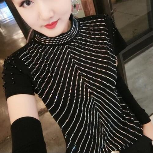 2020 spring fashion short-sleeve bottoming t-shirt beaded diamonds women stand collar top tees