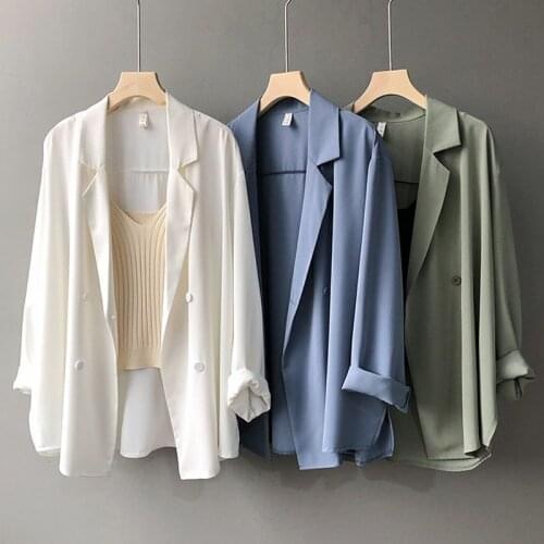2021Women Summer Jacket New Korean Female Sun Protection Casual Slim Loose Suit Stripe Solid Coat Thin Long-Sleeved Top Jacket