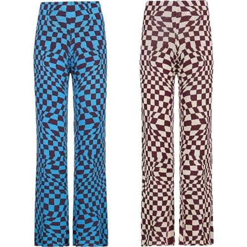 Women High Waisted Knitted Straight Leg Slim Long Pants Harajuku Vintage Irregular Plaid Print Flae Hem Jogger Trousers