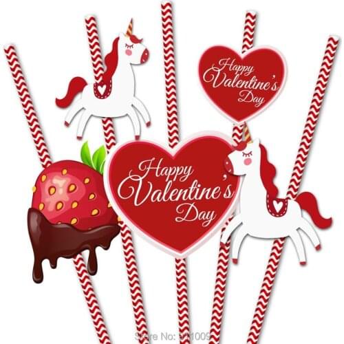 36pcs/set Valentines Day Drinking Straw Red Striped Strawberry Paper Straws Decorations Party Supplies ST049