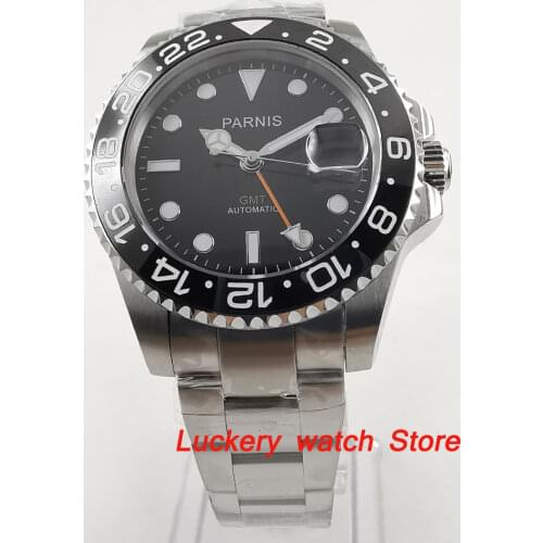 40mm Parnis Black Ceramic Bezel black dial orange GMT luminous marks sapphire glass automatic Mens Watch-PA52