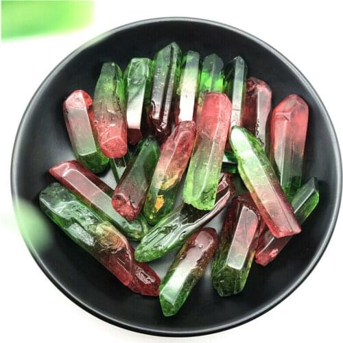 50g Electroplated Red and Green Titanium Aura Lemurian Crystal Wand Point Healing Crystal Stone Natural Stones and Minerals