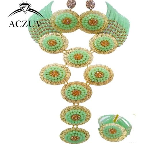 ACZUV Brand Mint Green and Gold Nigerian Wedding African Beads Jewelry Set Crystal A10R014