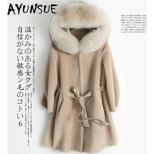 AYUNSUE Winter Real Fur Coat Women Clothes Hooded Sheep Shearing Wool Jacket Korean Womens Coats Manteau Femme 968096 YY1511