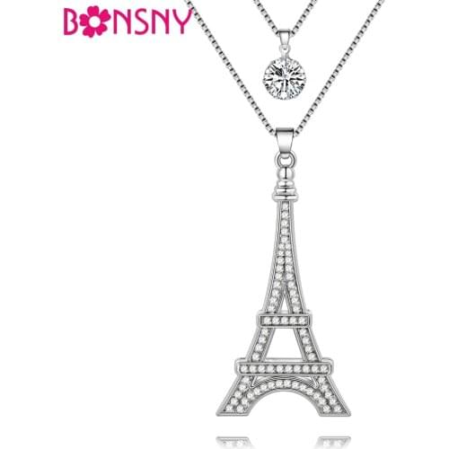 Bonsny Chain 2017 New Colorful Crystal Eiffel Tower Building necklace Lock Pendant Alloy Charm Angel Jewelry For Women Gift