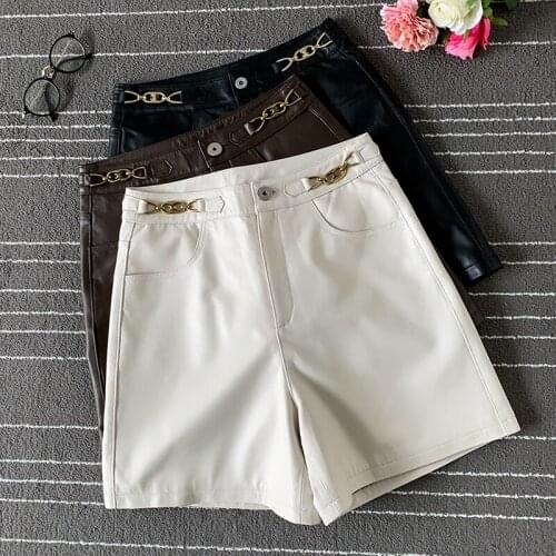 Europe style High Quality Womens High-rise Leather pants Fashion casual genuine leather wide-leg short pants C622