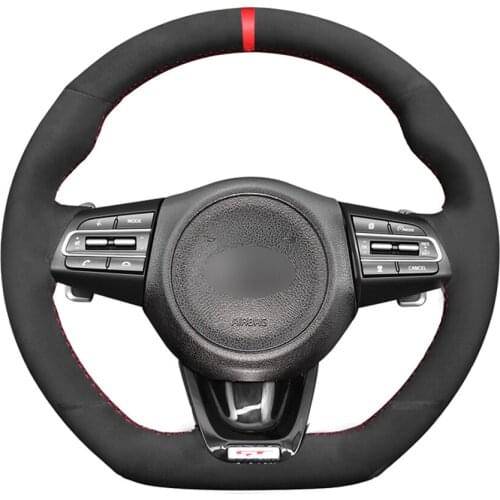 Black Suede Red Marker DIY Hand Stitched Car Steering Wheel Cover For Kia Stinger 2017 2018 2019 2020