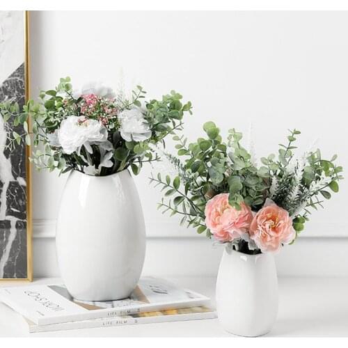 Home Decoration White Ceramic Flower Vase Round Porcelain Flower Arrangement Desktop Decoration Artware Office Deskt Decoration