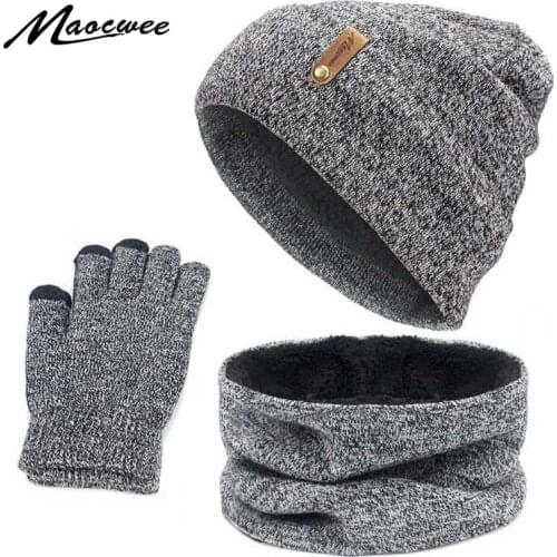 Unisex Beanies Hat Ring Scarf Gloves Set Winter Knitted Thick Warm Cap Women Men Solid Retro Beanie Hat Soft Touch Screen Gloves