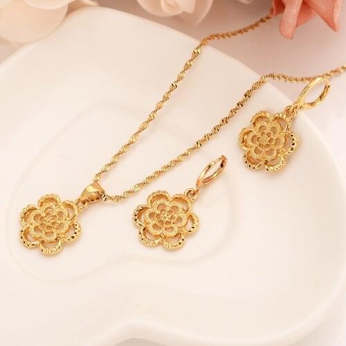 Gold dubai india flower African jewelry Set Necklace pendant Earrings Ethiopia wedding bridl jewelry sets for women girl gifts