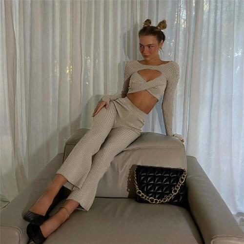 Adogirl Knitted 2 Piece Sets Womens Sexy Club Outfits Long Sleeve Top And Pants Femme Solid Matching Sets Streetwear