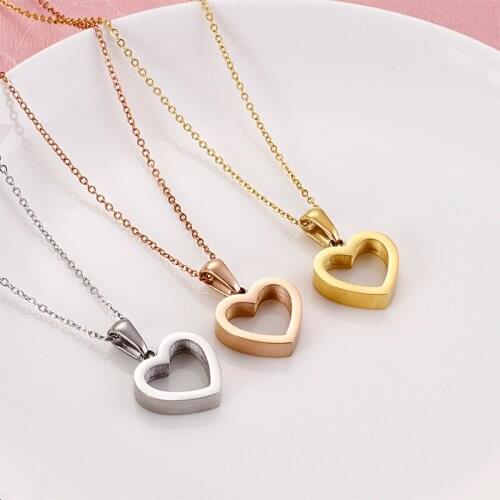Fashion Women Girls Color Color Rose Gold Crystal Stainless Steel Hollow Simple Heart Zirconia Pendant Necklace Jewelry