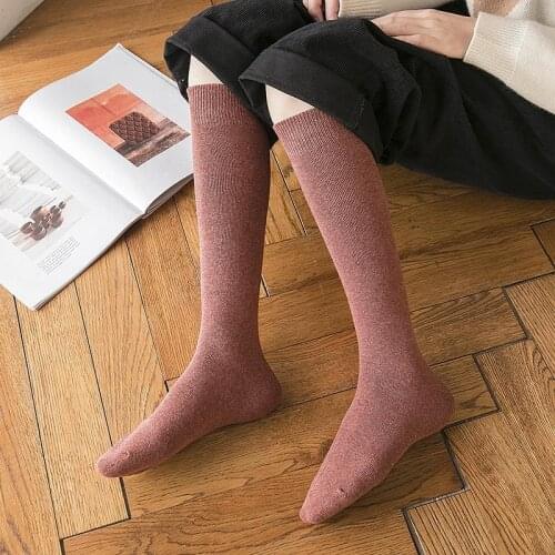 Fashion Knee Socks Women Autumn Winter Korean Breathable Cotton Plus Velvet Thicken Terry Warm Mid Stockings Chaussette Haute