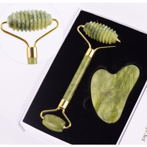 Jade Sawtooth Roller With Silicone Caps Gua sha Tools sets Natural Stone Facial Rollers Massage Anti Wrinkle Cellulite Health
