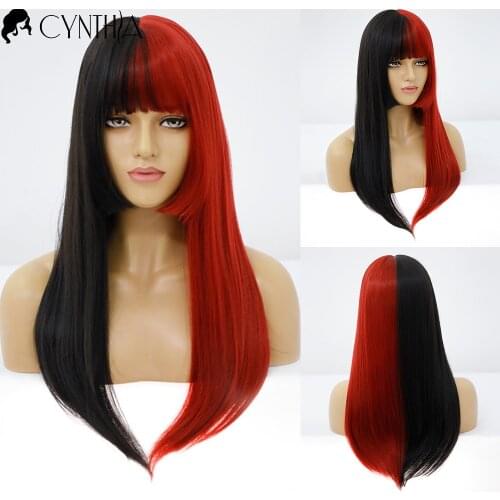 Half Black and Red Color Silky Straight Synthetic Wigs For Women Daily Heat Resistant Fake Hair Ombre Curly Fiber Wig With Bangs