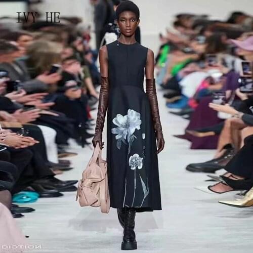 IVY HE 2021 Europe Show Summer Vintage Style Printed Sleeveless Vest Dress Slim Round Neck A-line Swing Black Dresses
