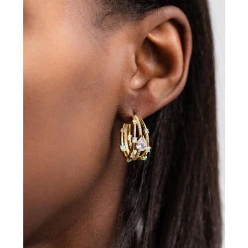 Gold filled 3 lines water drop cubic zirconia cz with white fire opal earring hoops women wedding bridal gift earring jewelry