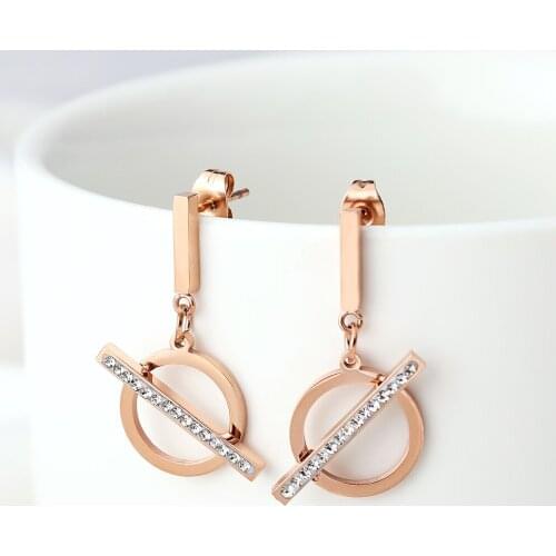 Luxury Elegant Rose Gold Color Stainless Steel Drop Earrings For Women High Quality Color Retention Crystal Earring Jewelry