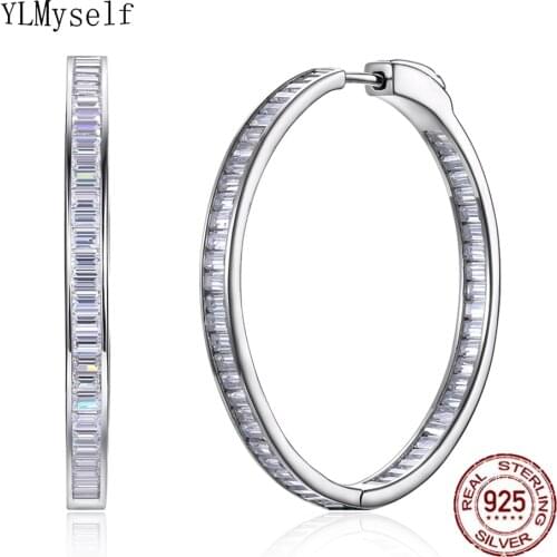 Luxury 38mm diameter Real silver hoop earring T-square CZ jewelry 925 Sterling silver large circle earrings for night bar party