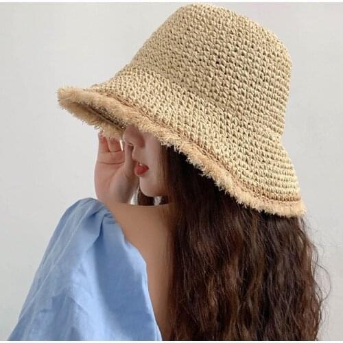 Summer Simple Solid Handmade Weave Raffia Sun Hats For Women Lace Up Large Brim Raw-edged Straw Hat Outdoor Beach Fisherman Caps