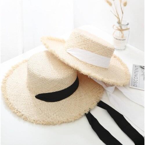 New Summer Parent Child Beach Sun Shade Raffia Flat Top Fedora Straw Hat Vintage Panama Church Silk Ribbon Wide Brim Straw Hat