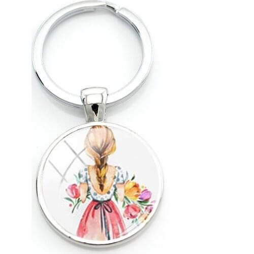 TAFREE The Small Fresh Girls Illustration Charm Keyholders Art Design Flower Hair Women Keychains Glass Dome Jewelry