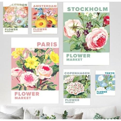Nordic Vintage Poster Flower Market Wall Art Canvas Painting Rose Chrysanthemum Plant Picture for Girl Bedroom Decoration