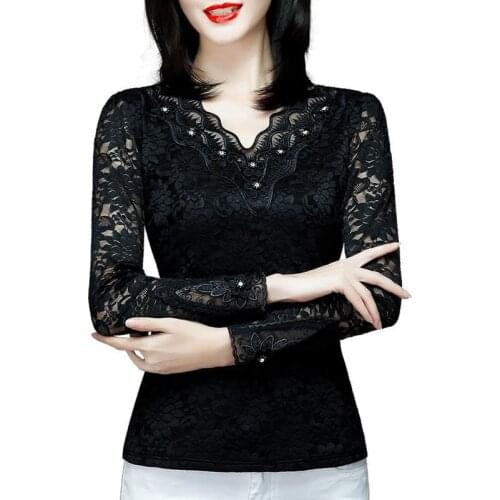 Women Spring Autumn Style Lace Blouses Shirts Lady Casual Long Sleeve V-Neck Lace Blusas Tops DF8000